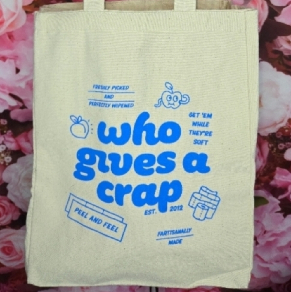 Who Gives a Crap Eco-Friendly Cream Tote Bag with blue graphics NEW